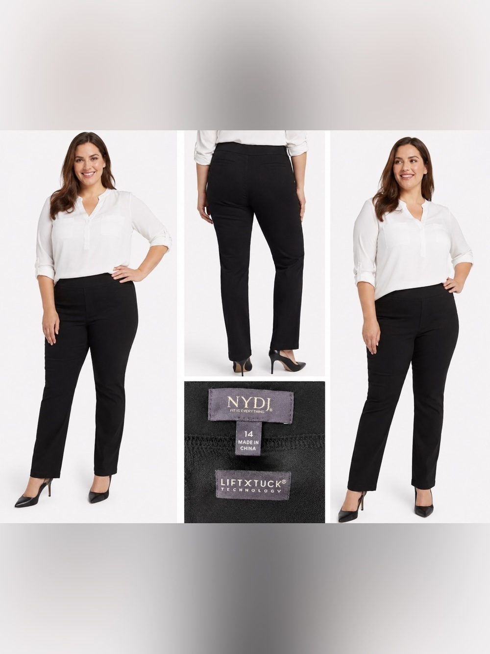 NYDJ Lift Tuck Technology Black Pull-On Slim Straight Pants Women’s Size 14